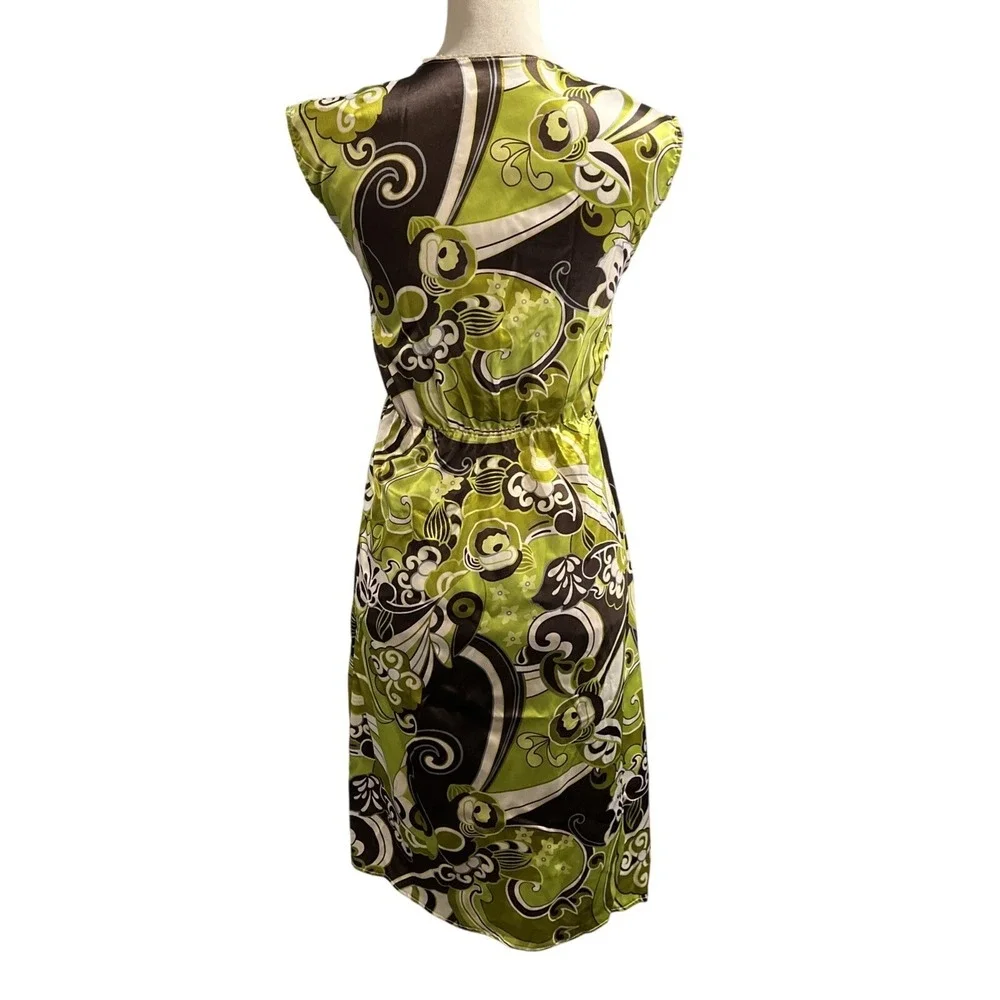 Vintage Y2K Johann Dress Green Brown Satin Babydoll Deep‎ V Size S/M Retro 70s